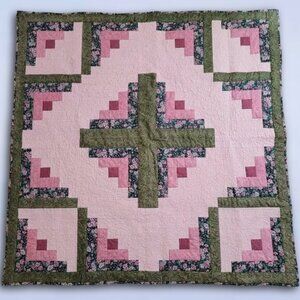Pink Green Floral Square Patchwork Quilt | Cozy Handmade Boho Cottagecore Throw